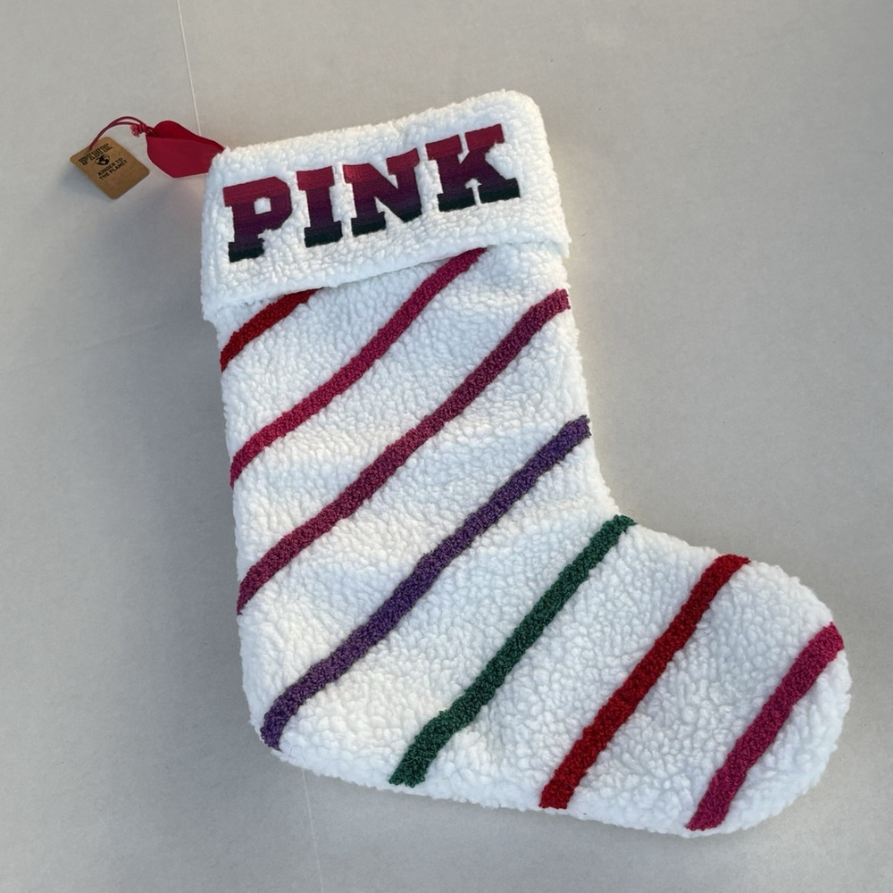 Victoria’s Secret PINK Sherpa Christmas Stocking Ombré Logo Stripes New